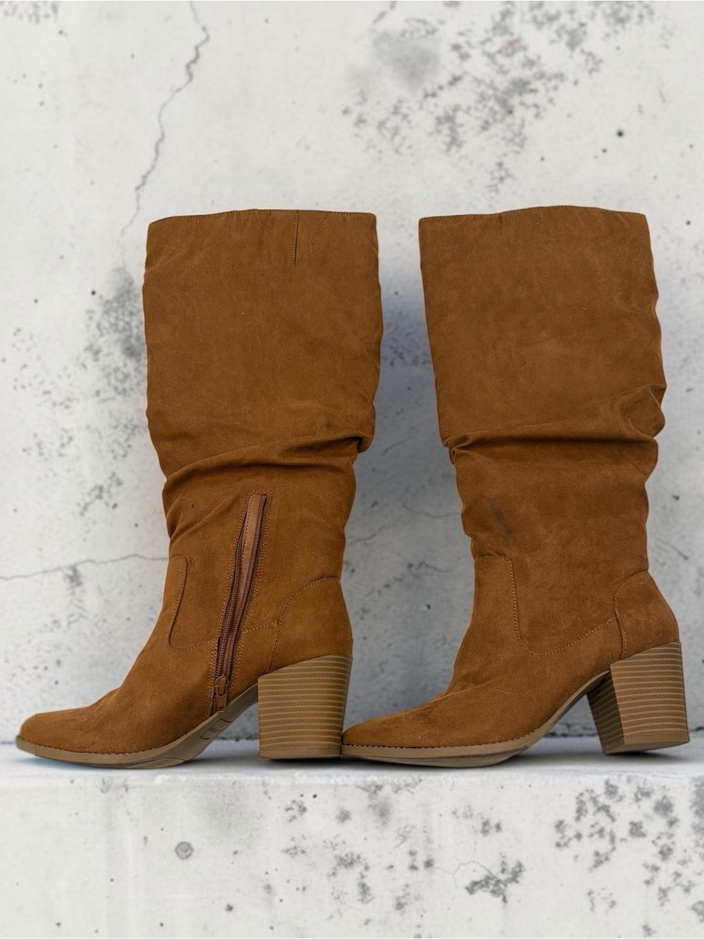 Slouchy Heeled Boots in Cognac Brown